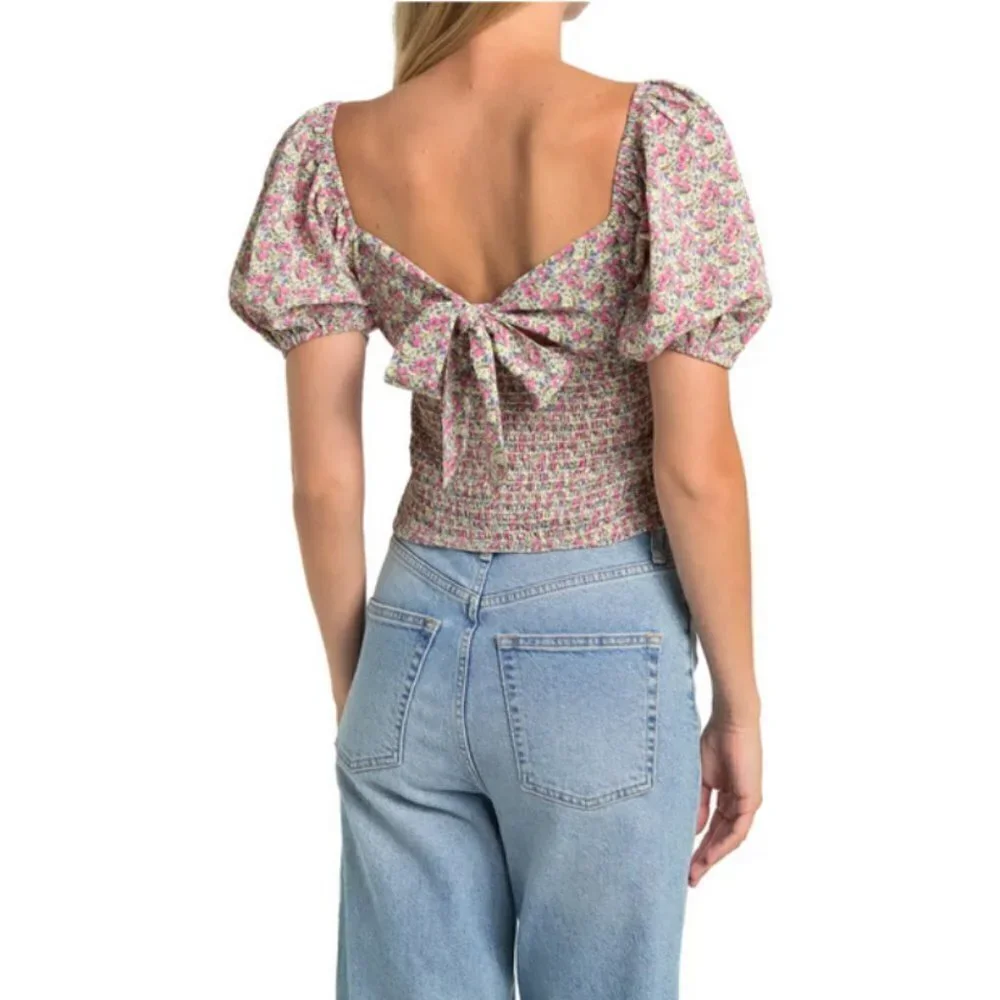 💕ASTR💕 Tie Back Bubble Sleeve Top ~ Yellow Multi Ditsy Large L NWT